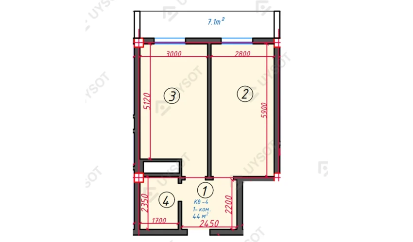 1-комнатная квартира 44 м²  2/2 этаж