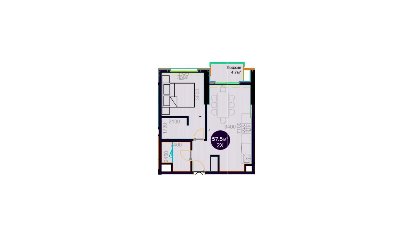 2-комнатная квартира 57.5 м²  13/13 этаж