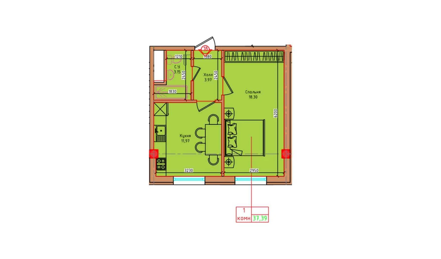 1-комнатная квартира 37.39 м²  8/8 этаж