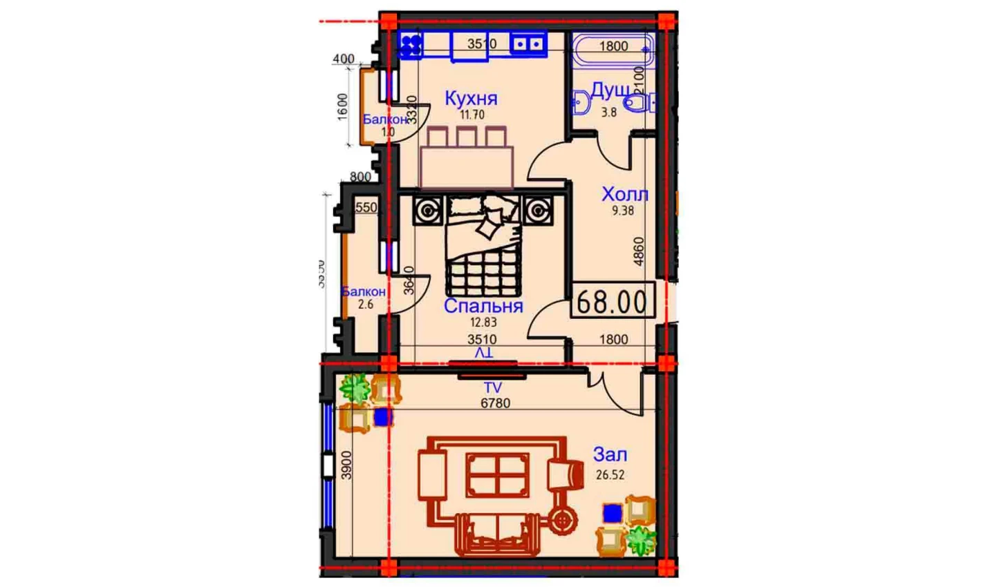 2-xonali xonadon 68 m²  5/5 qavat