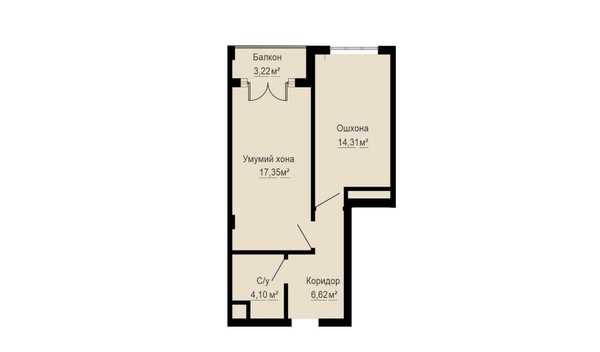 1-xonali xonadon 45.6 m²  13/13 qavat