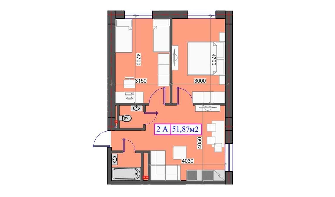 2-комнатная квартира 51.87 м²  0/0 этаж