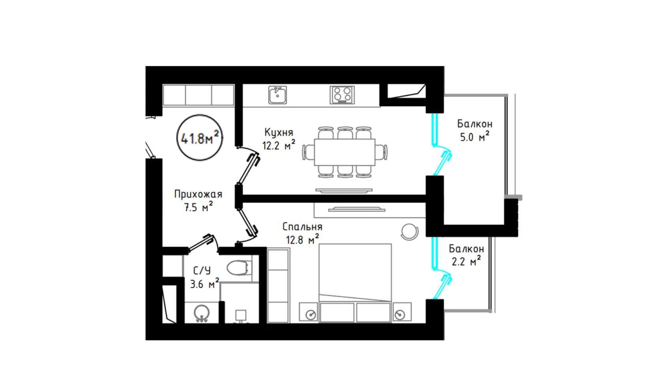 1-комнатная квартира 41.8 м²  7/7 этаж