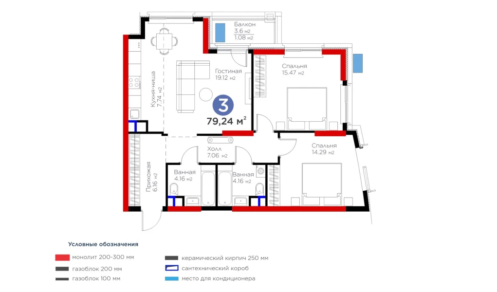 3-комнатная квартира 79.24 м²  5/5 этаж