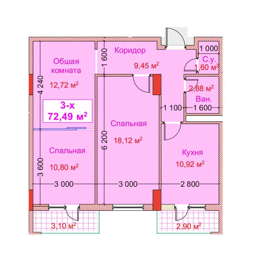 3-xonali xonadon 72.49 m²  8/8 qavat | CAPITAL AVENUE Turar-joy majmuasi