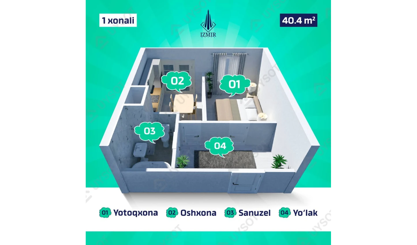 1-комнатная квартира 40.4 м²  2/2 этаж