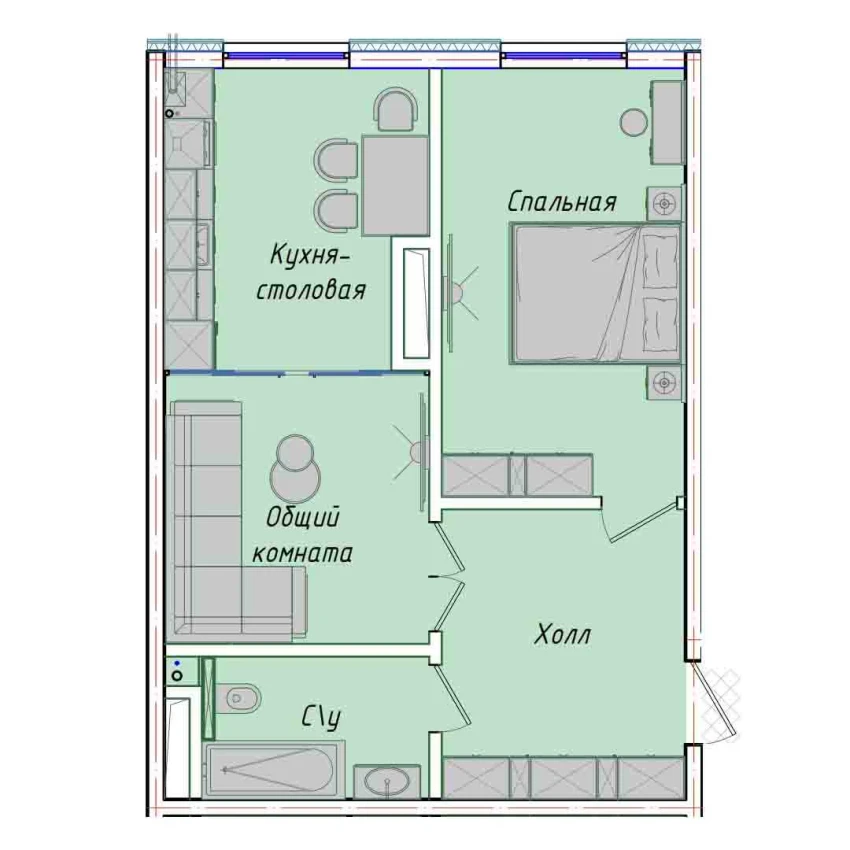 2-комнатная квартира 50.85 м²  1/1 этаж