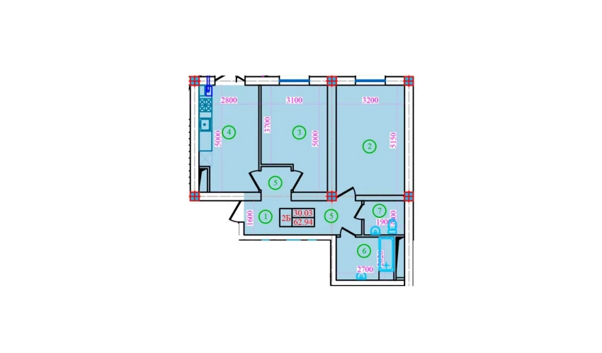 2-комнатная квартира 62.94 м²  4/4 этаж