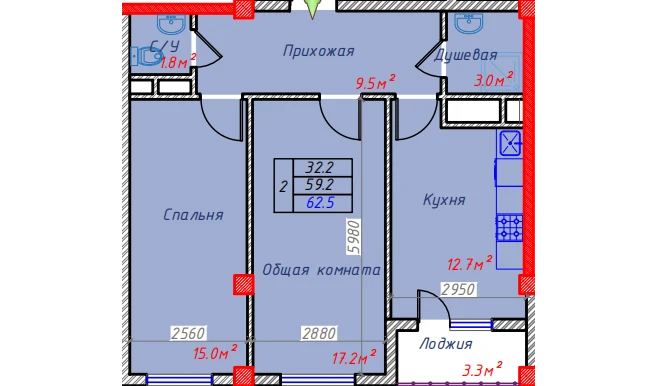 2-xonali xonadon 62.5 m²  9/9 qavat