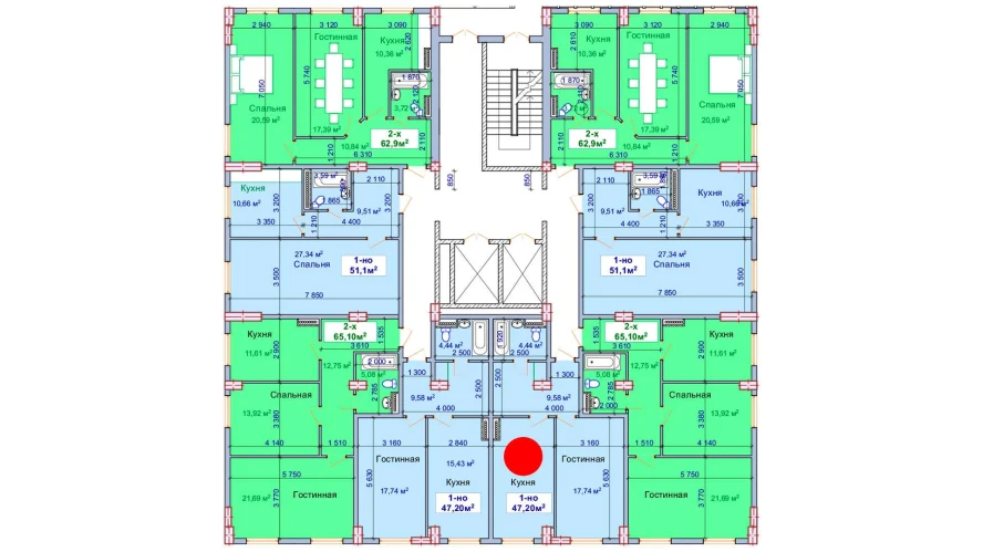 1-xonali xonadon 47.2 m²  1/1 qavat