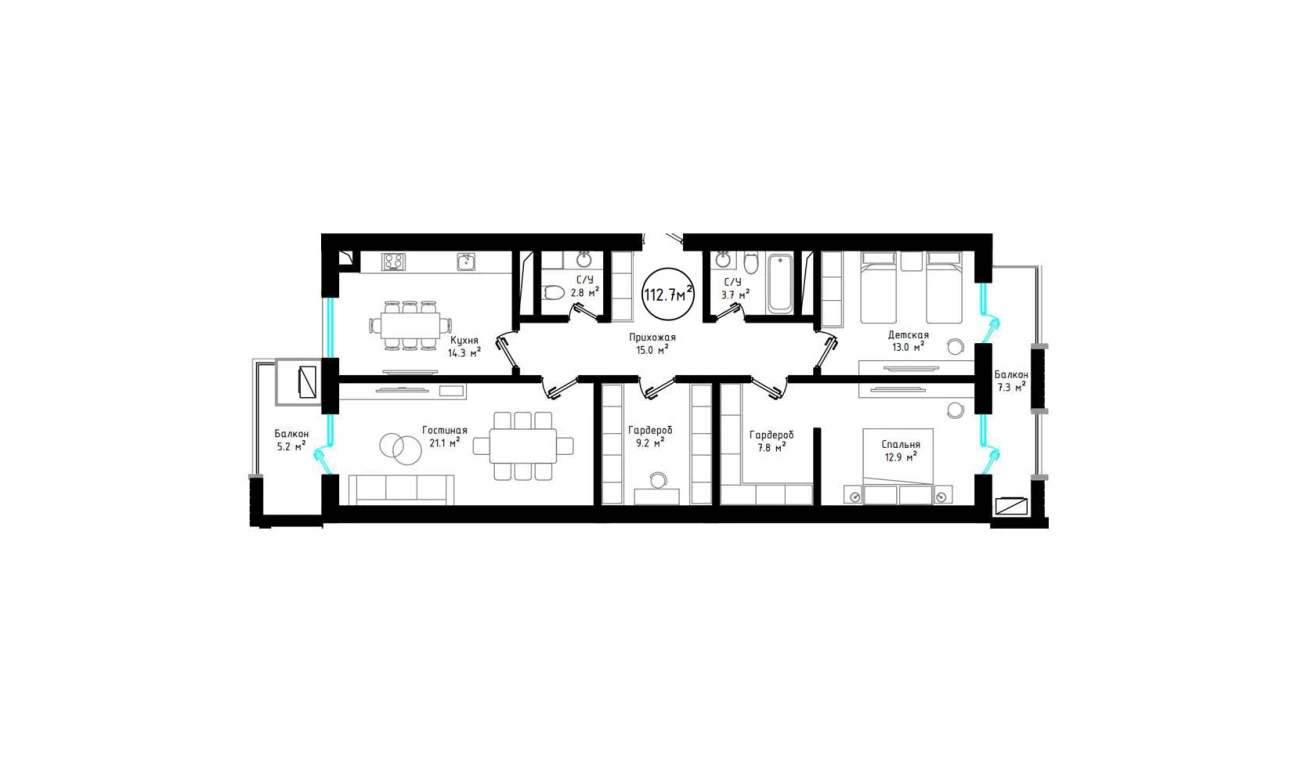 3-xonali xonadon 112.7 m²  6/6 qavat