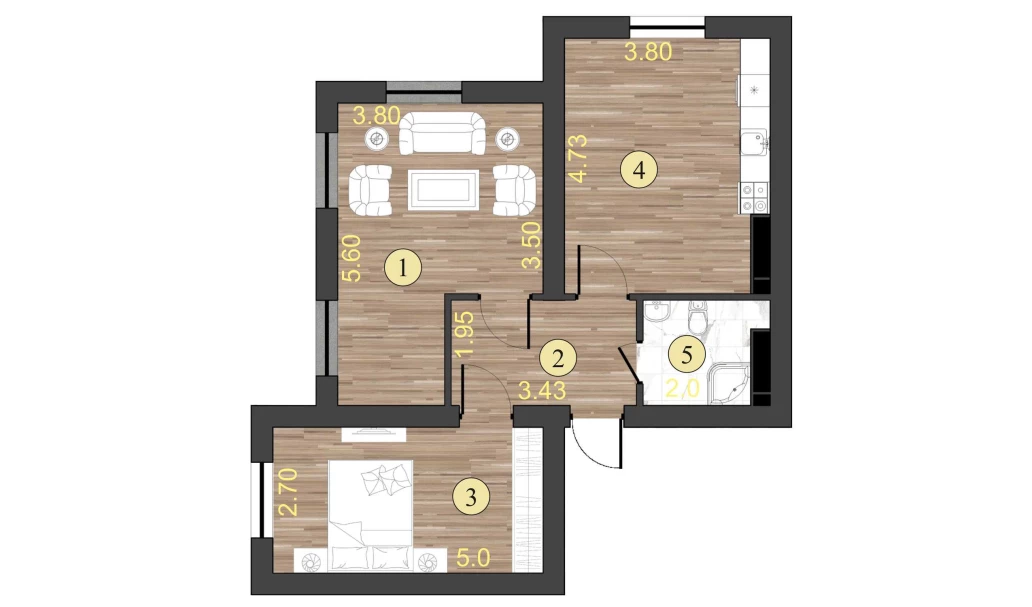 2-комнатная квартира 59.2 м²  1/1 этаж