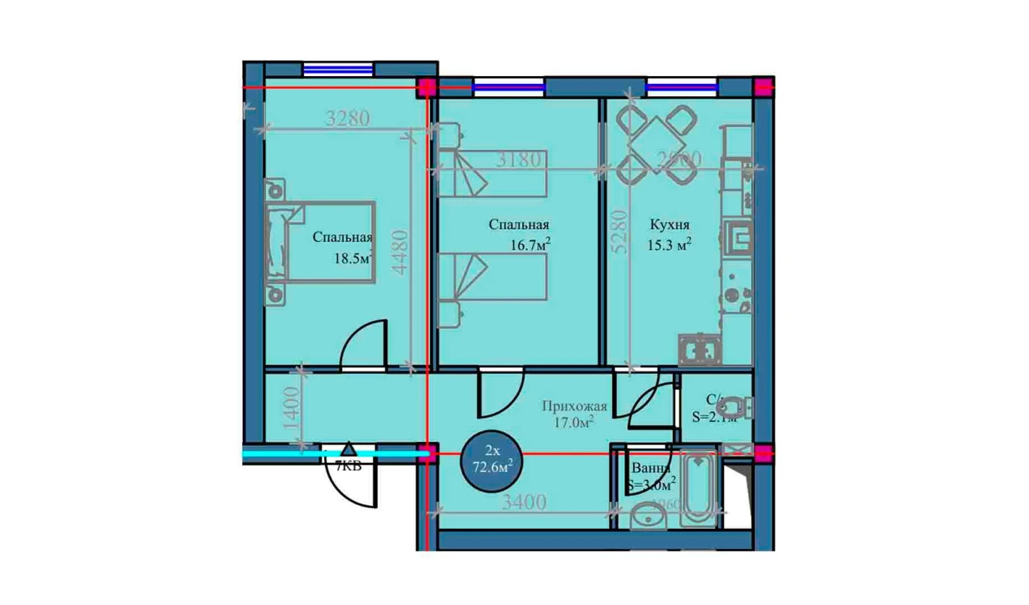 2-xonali xonadon 72.6 m²  9/9 qavat