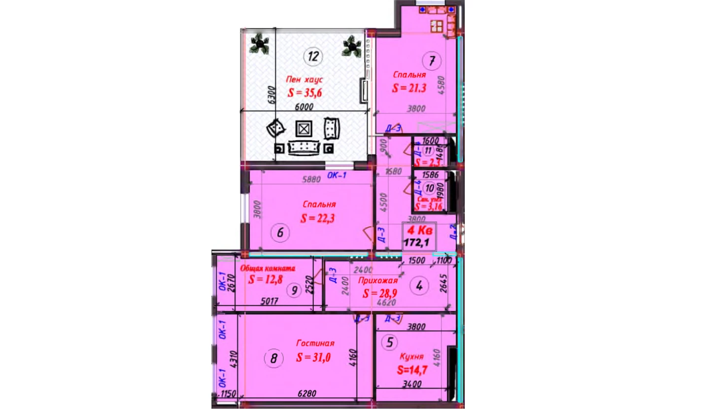 4-комнатная квартира 172.1 м²  7/7 этаж