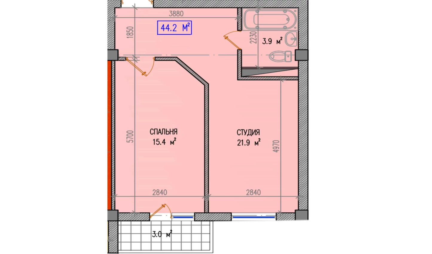 2-комнатная квартира 44.2 м²  4/4 этаж