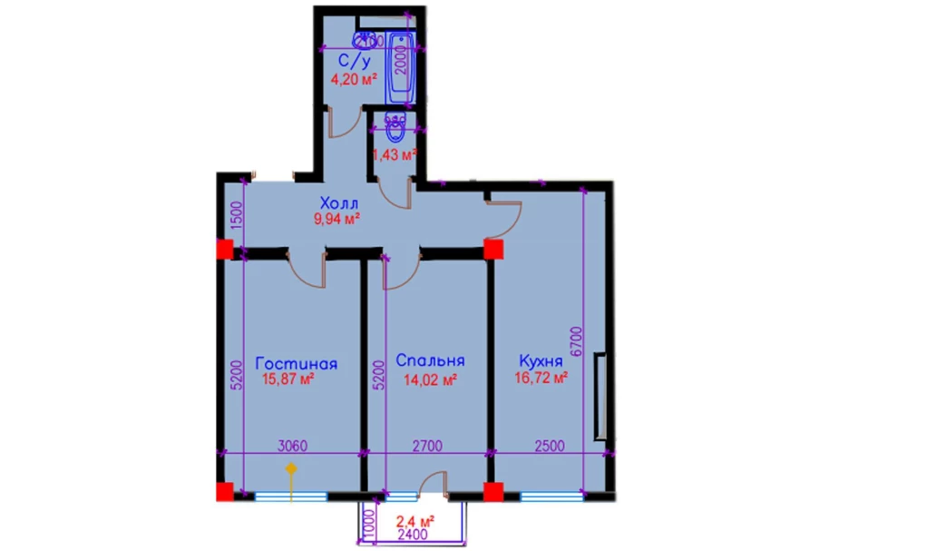 2-комнатная квартира 62.18 м²  10/10 этаж