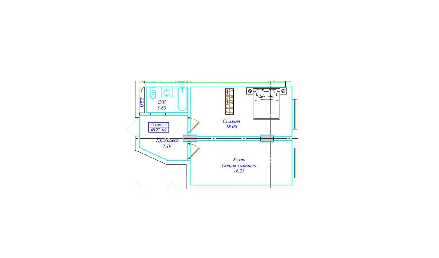 1-комнатная квартира 45.27 м²  2/2 этаж