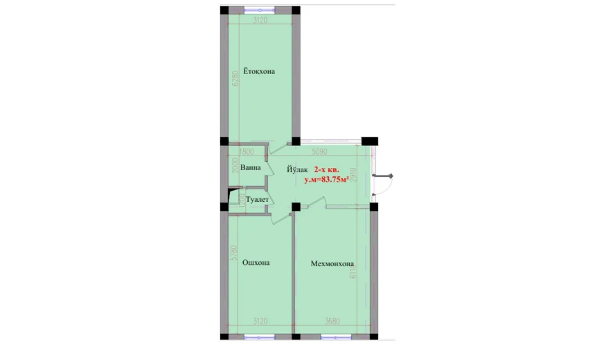 2-xonali xonadon 83.75 m²  1/1 qavat