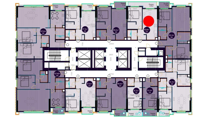 2-xonali xonadon 63.8 m²  7/7 qavat