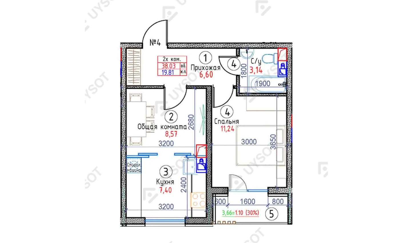 2-xonali xonadon 38.03 m²  2-8/2-8 qavat