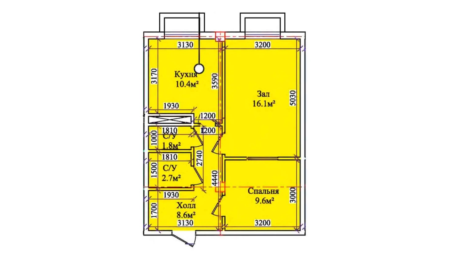 2-комнатная квартира 51.5 м²  1/1 этаж