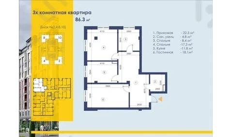 3-комнатная квартира 86.3 м²  2/2 этаж