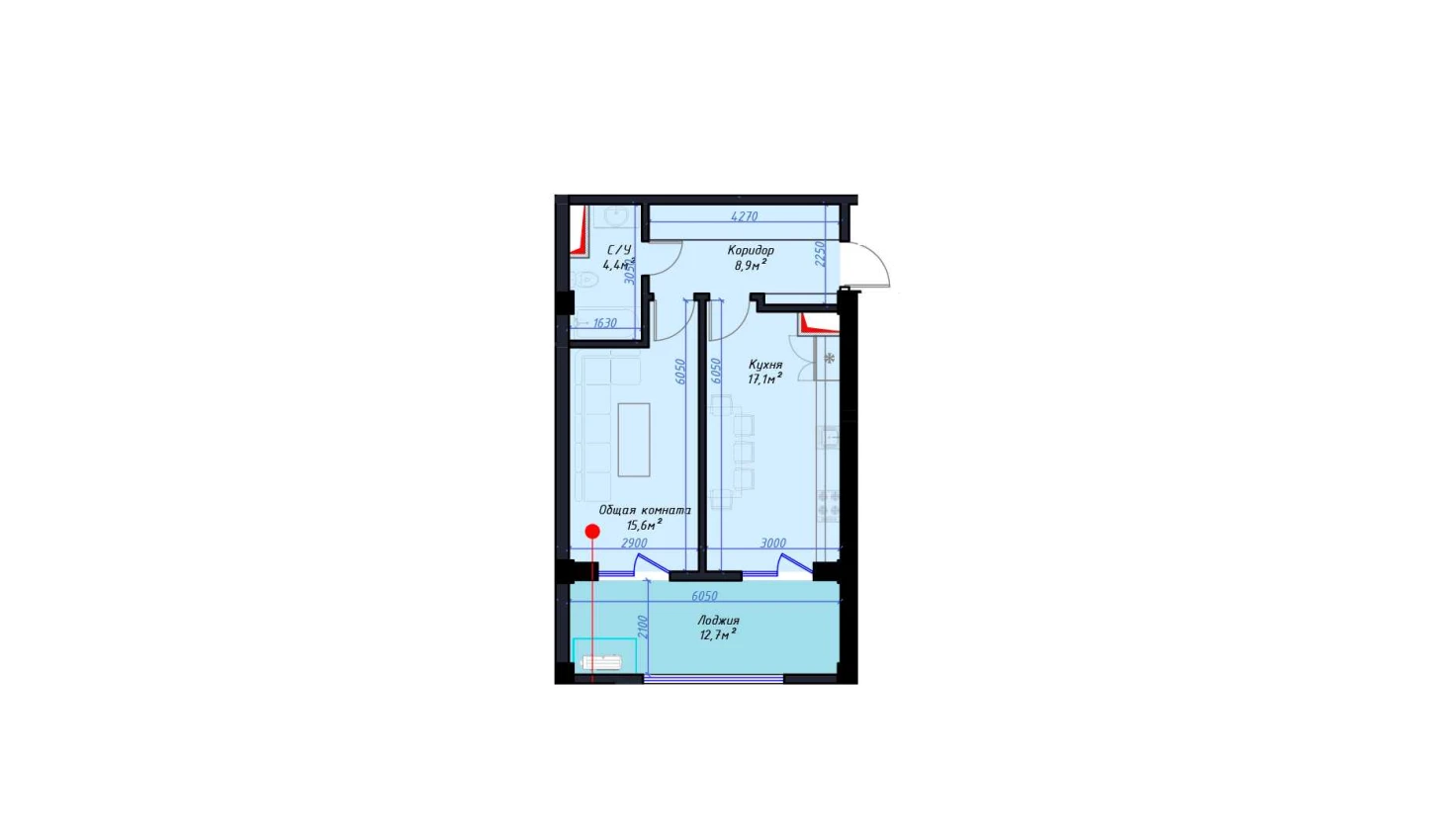 1-комнатная квартира 58.7 м²  5/5 этаж