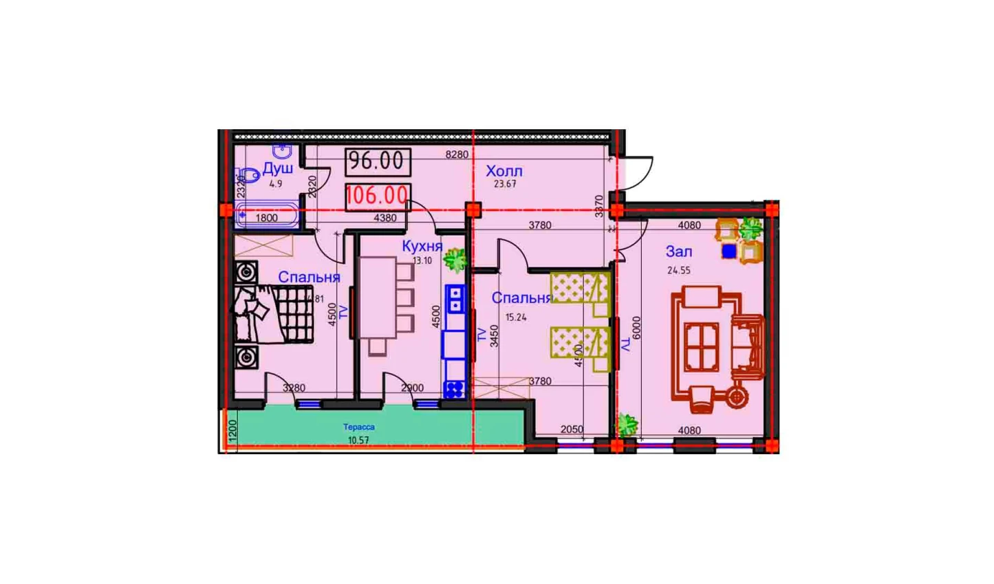 3-комнатная квартира 106 м²  9/9 этаж