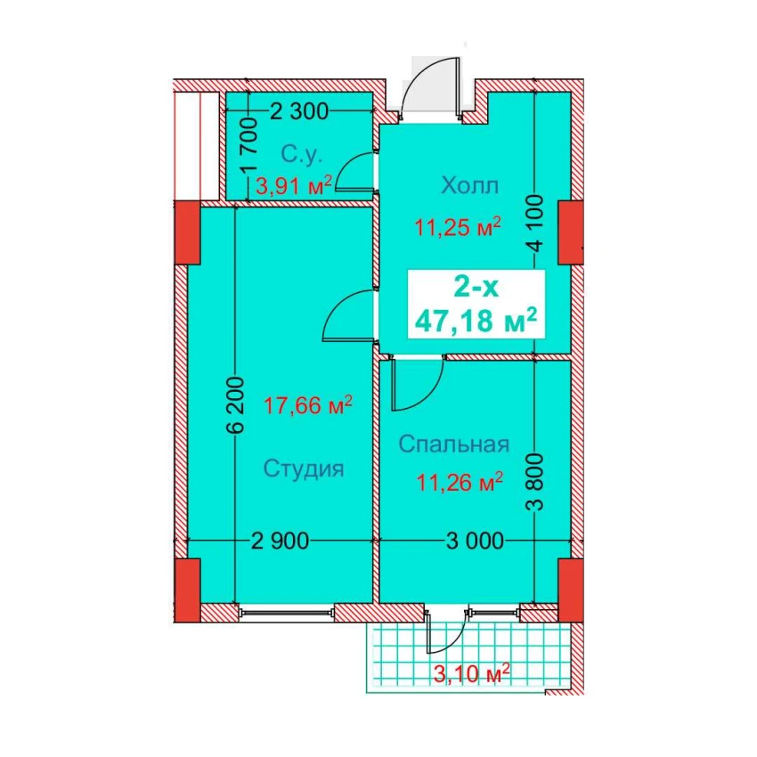 2-комнатная квартира 47.18 м²  8/8 этаж