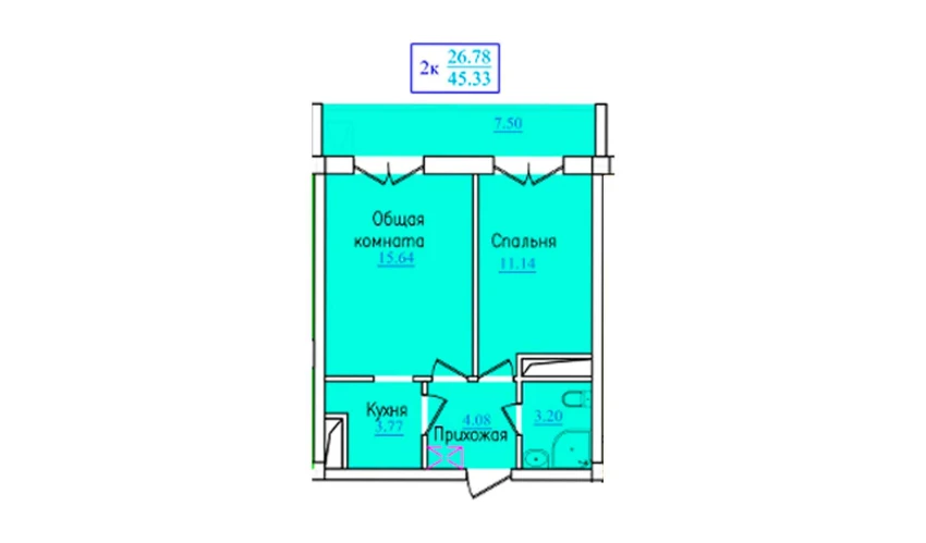 2-комнатная квартира 45.33 м²  7/9 этаж | Жилой комплекс PROVANS