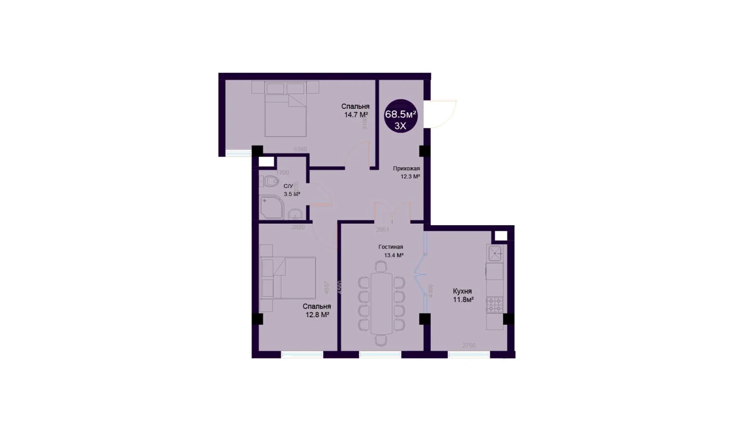 3-комнатная квартира 68.5 м²  1/1 этаж