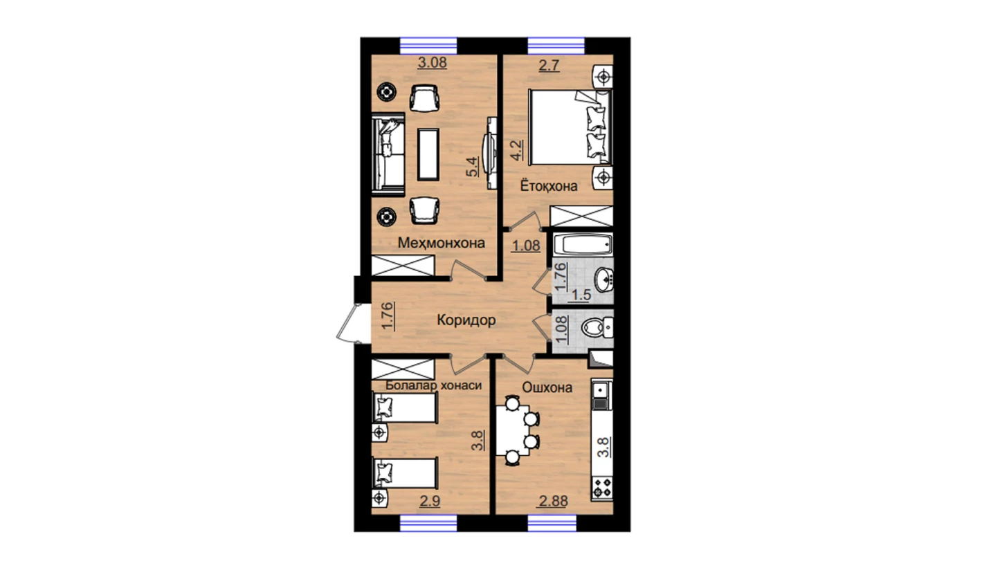 3-комнатная квартира 72.64 м²  1/1 этаж