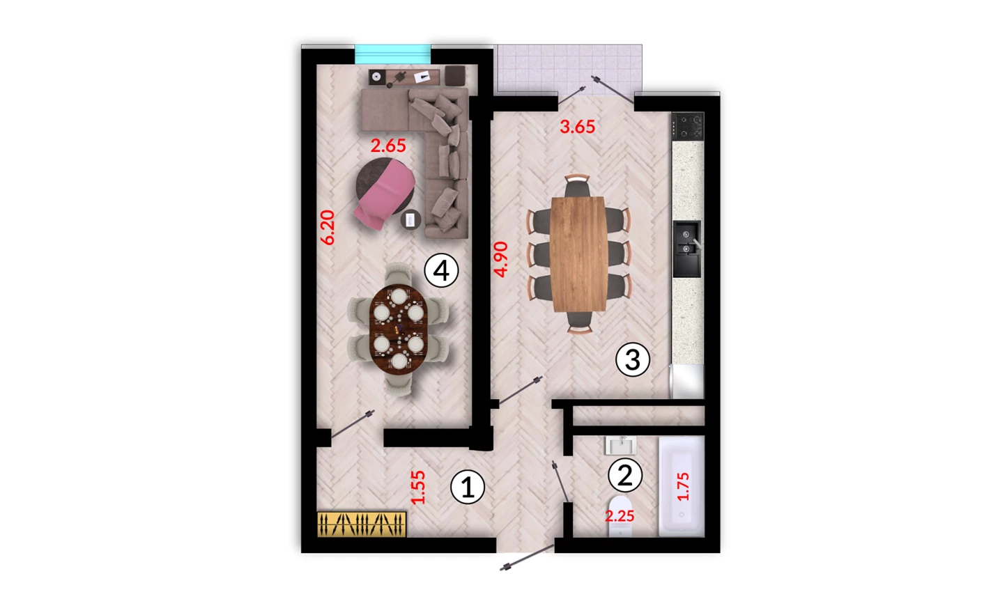 1-комнатная квартира 46.9 м²  3/3 этаж