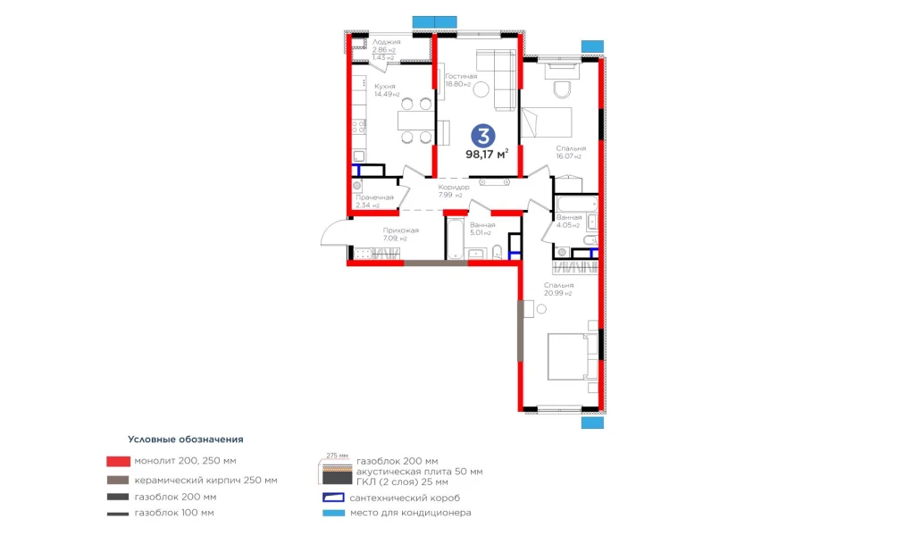 3-комнатная квартира 98.17 м²  9/9 этаж