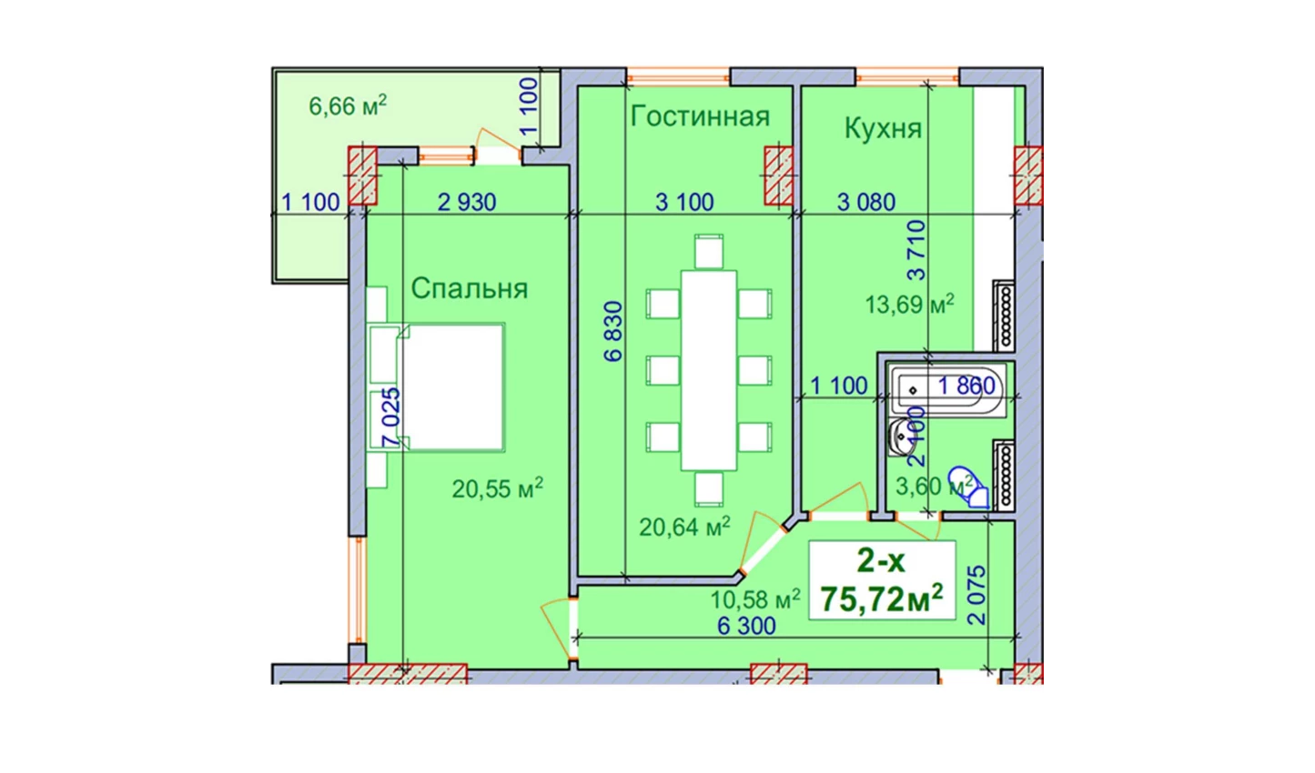 2-комнатная квартира 69.06 м²  9/9 этаж