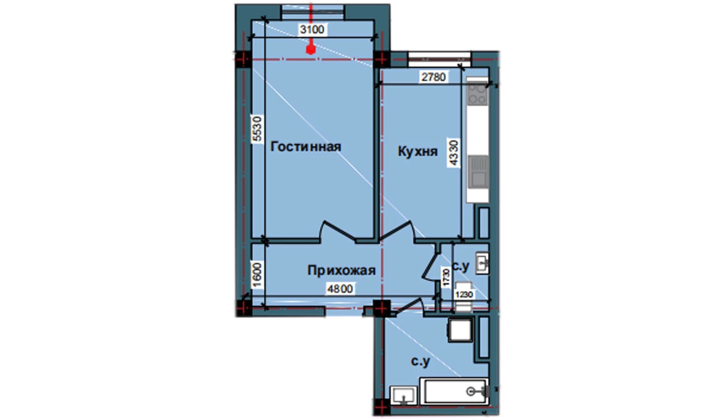 1-xonali xonadon 46.5 m²  2/2 qavat