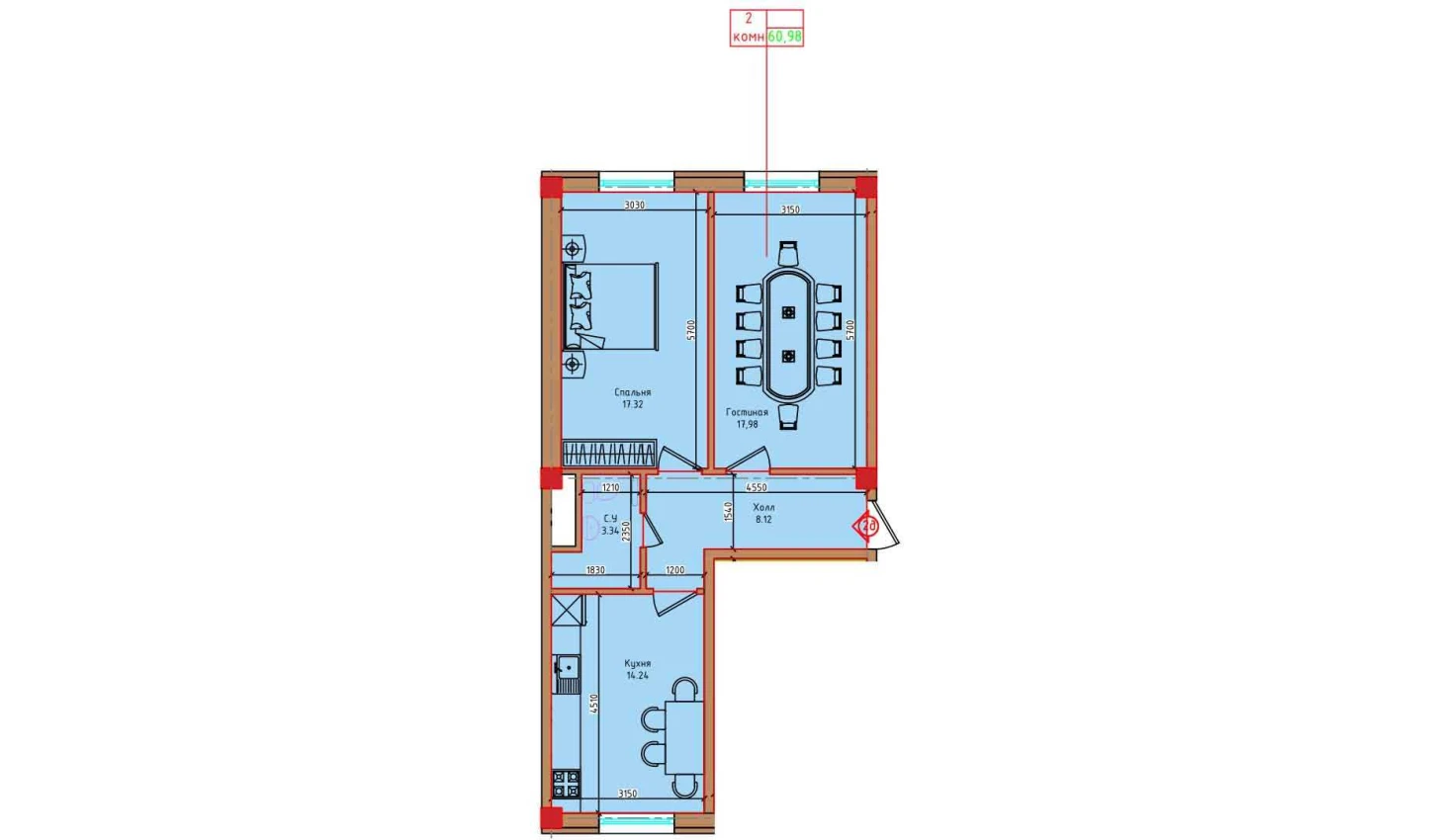 2-xonali xonadon 60.98 m²  1/1 qavat