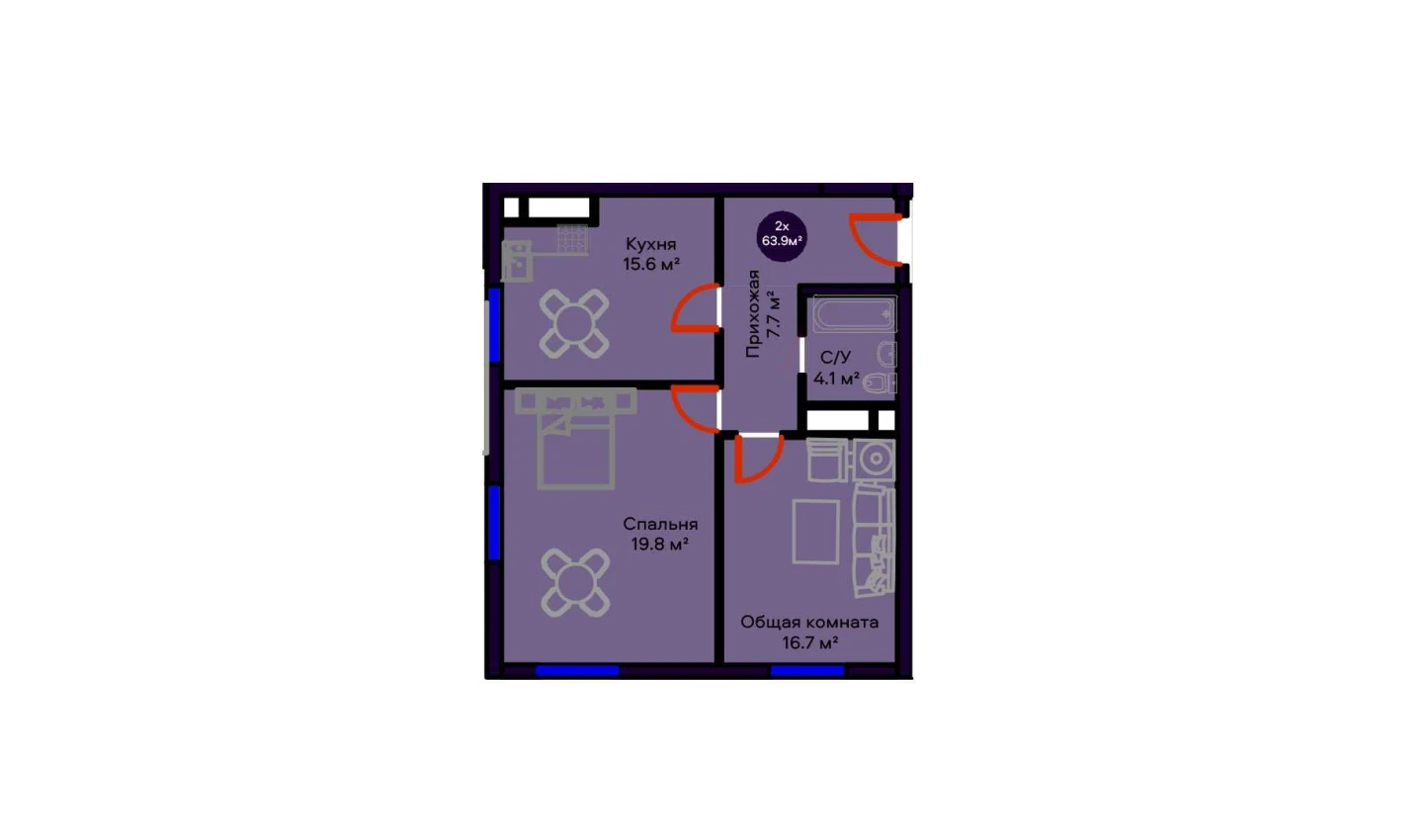 2-комнатная квартира 63.9 м²  1/1 этаж