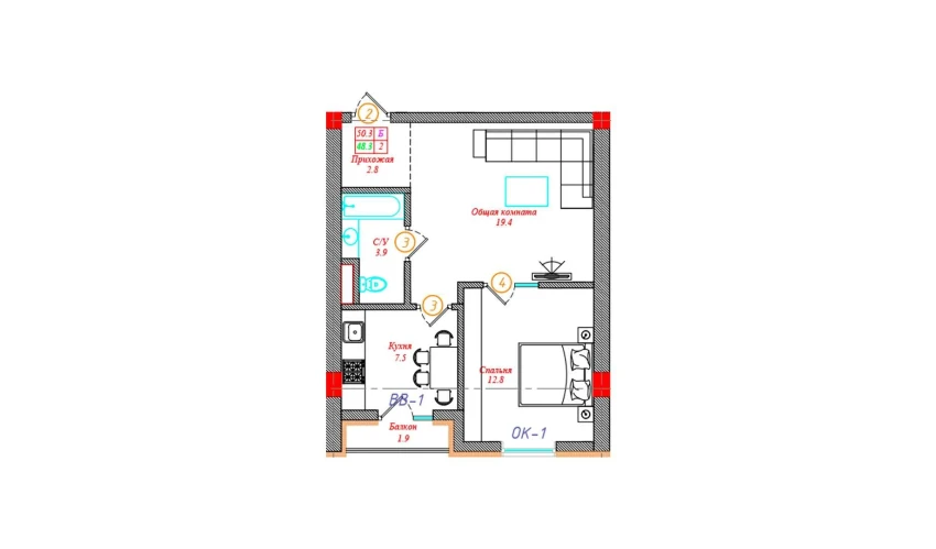 2-xonali xonadon 50.3 m²  12/12 qavat | CHINARA PARK Turar-joy majmuasi