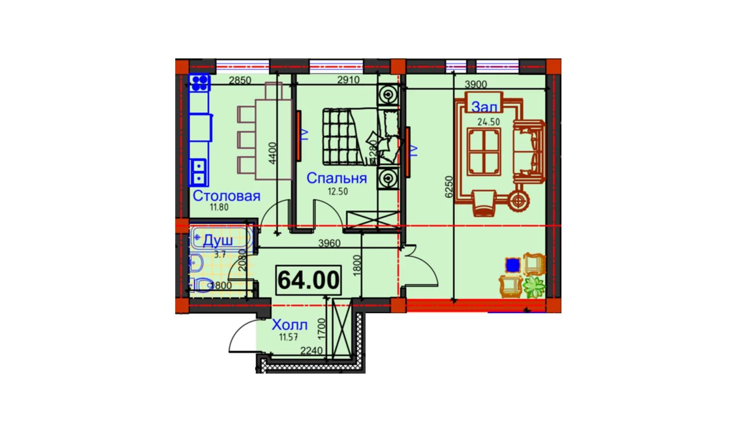 2-комнатная квартира 64 м²  1/1 этаж