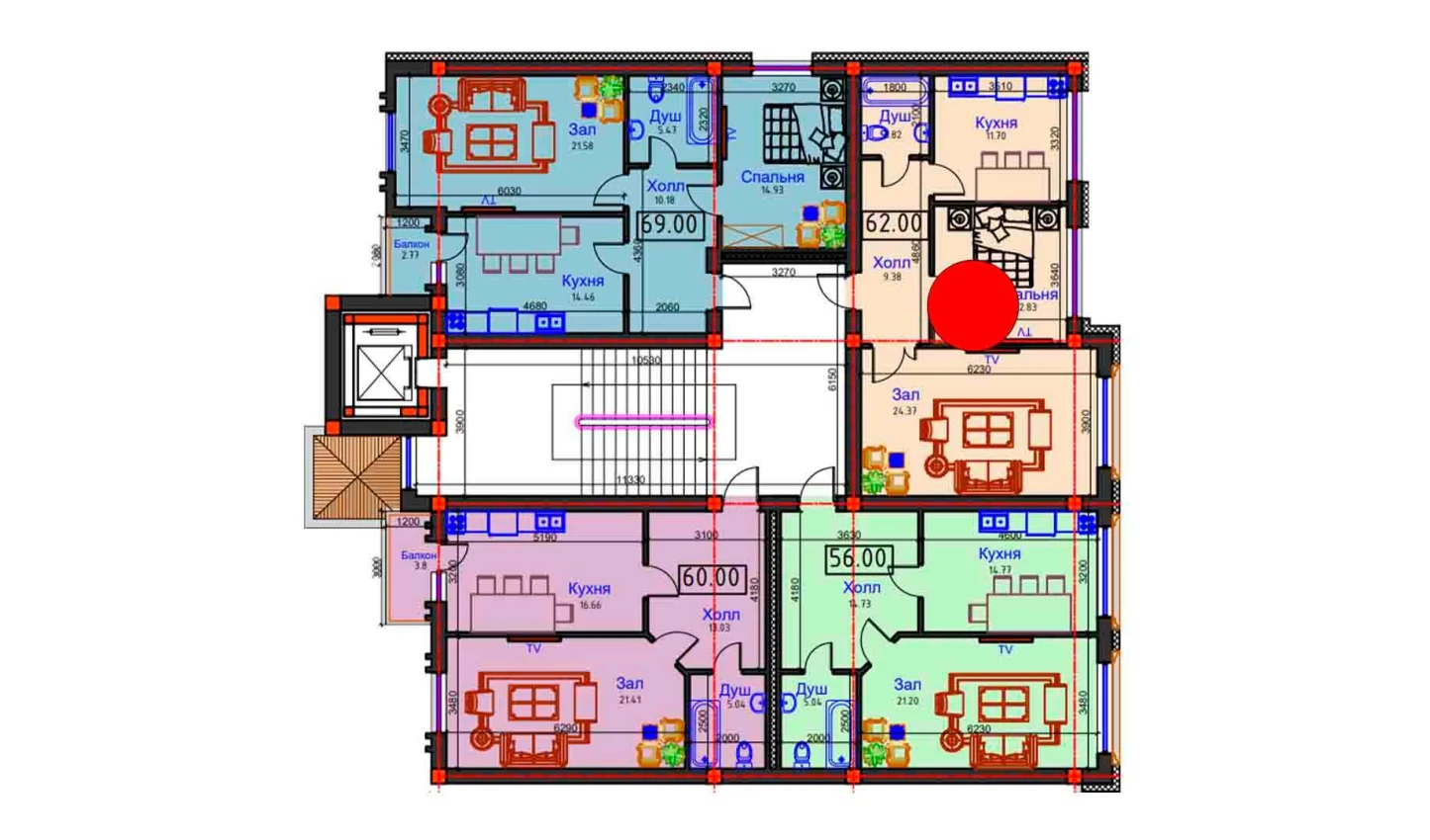 2-комнатная квартира 62 м²  2/2 этаж