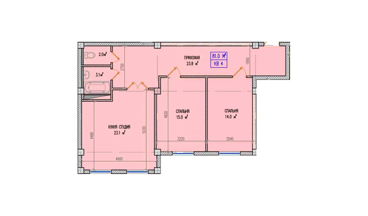 3-комнатная квартира 81 м²  1/1 этаж