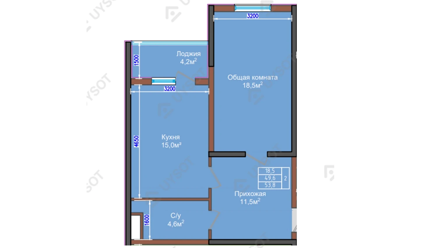 2-xonali xonadon 53.8 m²  2/2 qavat