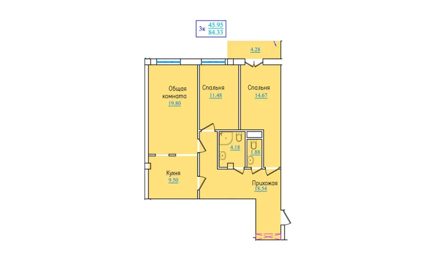 3-xonali xonadon 84.33 m²  2/9 qavat | PROVANS Turar-joy majmuasi