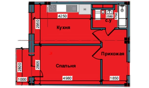 1-комнатная квартира 44.2 м²  4/4 этаж