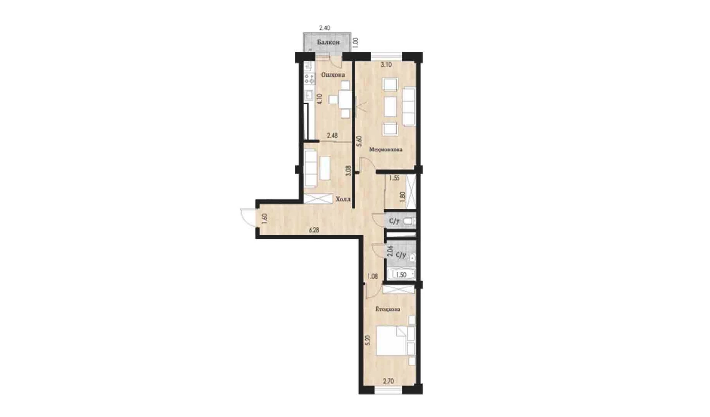 2-комнатная квартира 73.76 м²  9/9 этаж