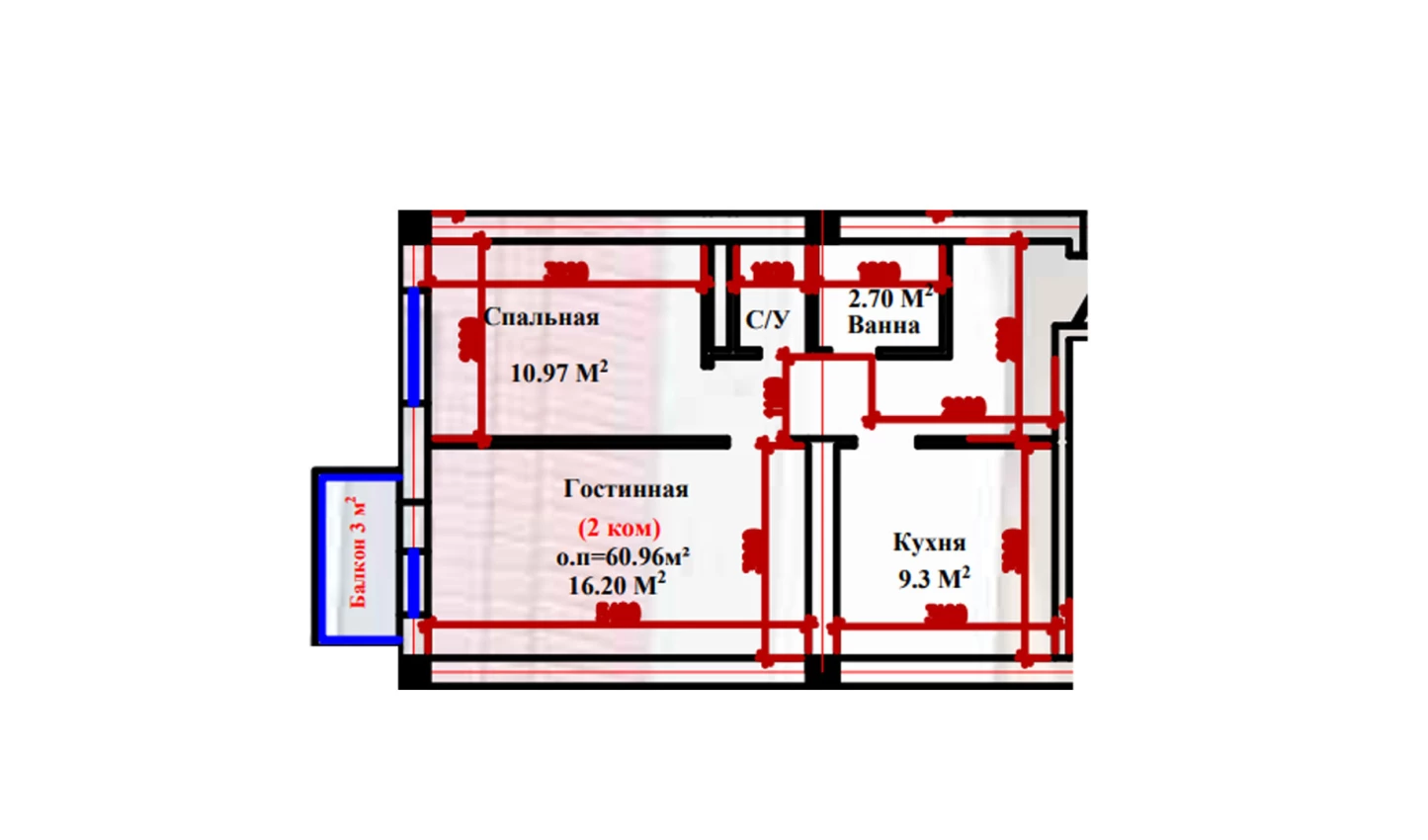 2-xonali xonadon 60.96 m²  1/1 qavat