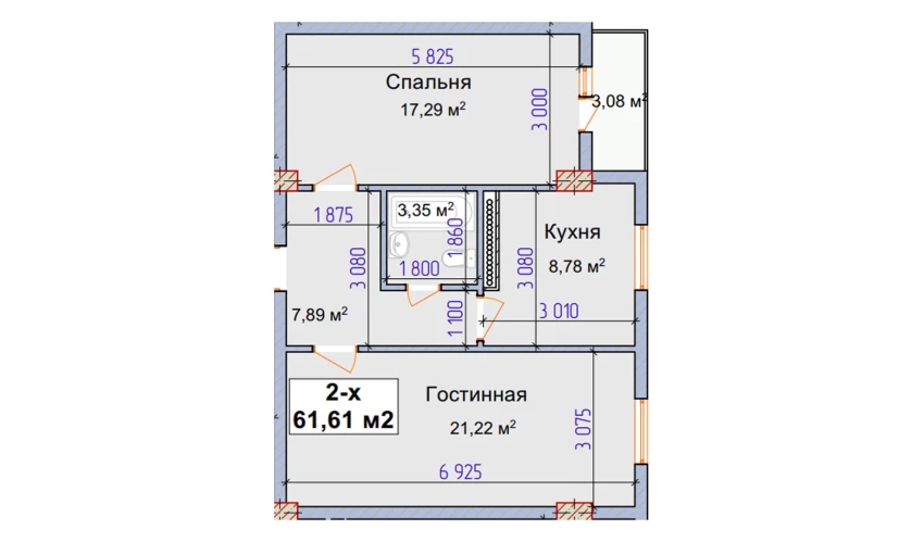 2-комнатная квартира 61.61 м²  8/8 этаж