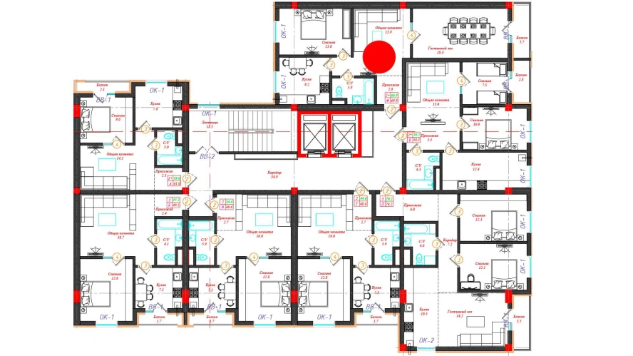 2-комн. квартира 69.9 м²  2/12 этаж | Жилой комплекс CHINARA PARK