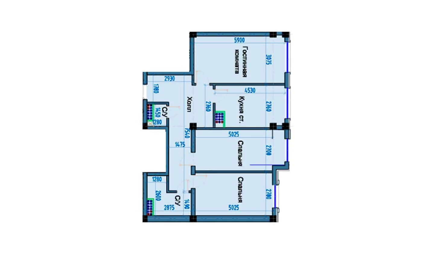 3-комнатная квартира 90 м²  2/2 этаж